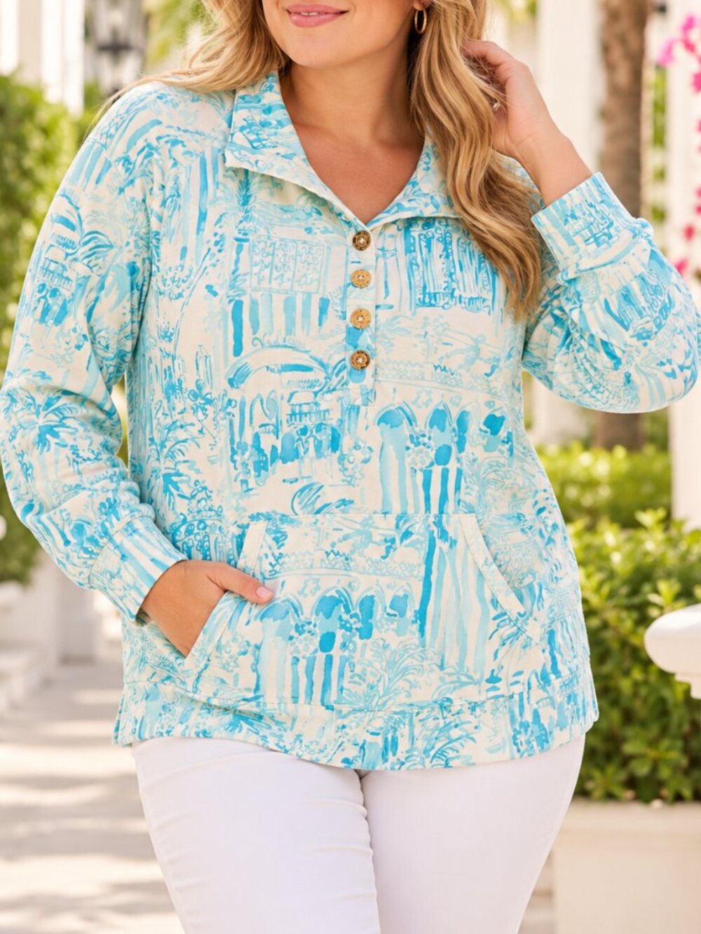 Lilly Pulitzer Skipper Popover Shorely Blue NYC Toile Sweatshirt XL